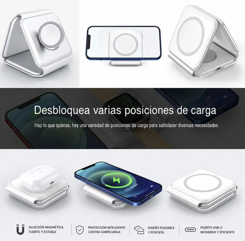 Cargador Inalámbrico Magnético 3 En 1, Plegable Y Portátil Compatible Con iPhone, Samsung Y Dispositivos Con Tecnología Qi Blanco