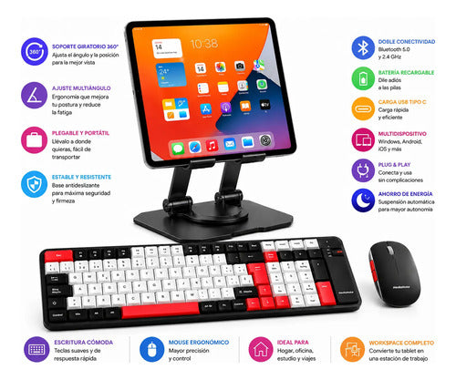 Kit Para Tablet Soporte+teclado+mouse Bluetooth Recargable Negro/rojo