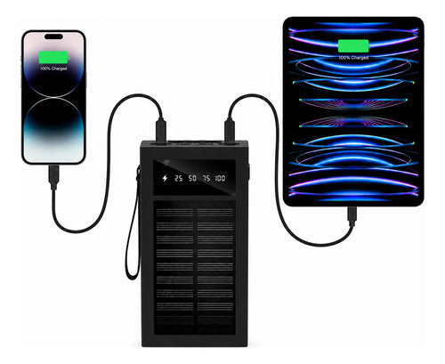 Powerbank Solar Portátil 30000mah Doble Usb Luz Led Negro