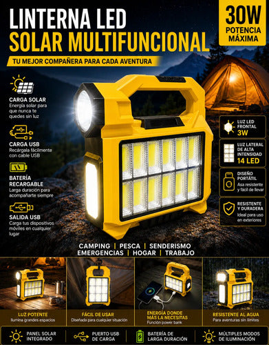 Linterna Led Solar Recargable 30w Con Luz Frontal Y Lateral