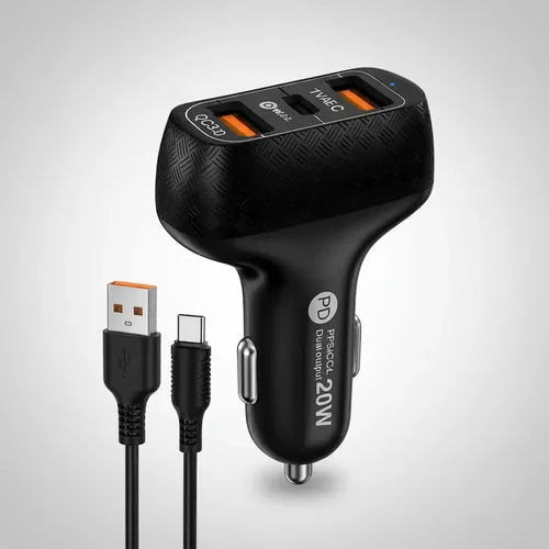 Cargador Rápido Para Auto 20w Usb C Y Qc3.0 Con Cable Negro