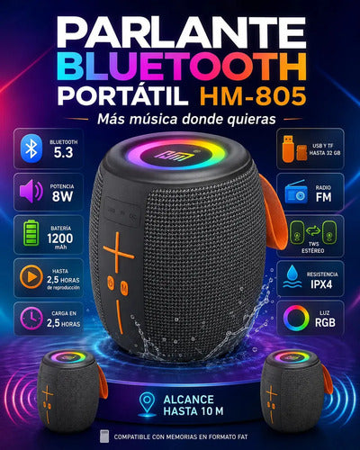 Parlante Portátil Rsm Hm-805 Bluetooth Con Radio Y Luces Led Negro