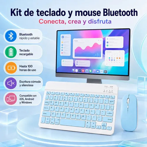 Kit Teclado Y Mouse Bluetooth Para Pc Tablet Y Celular Blanco/azul Azul/celeste