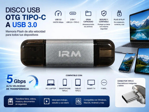 Pendrive Irm Otg De 64gb Con Usb 3.0 Y Tipo C Metálico Gris