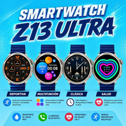 Smartwatch Diegmark Z13-ultra Sport De 1.46  Con Llamadas Bluetooth Y Monitoreo De Salud Para iPhone Y Android Plateado Deportivo Azul Marino