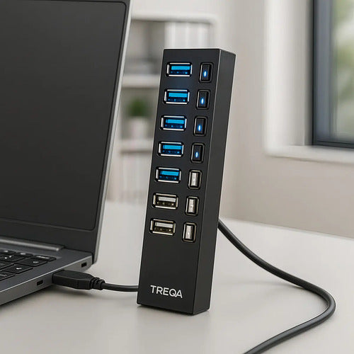 Hub Usb De 7 Puertos Con Interruptores Y Luces Led Para Pc Y Laptop Negro