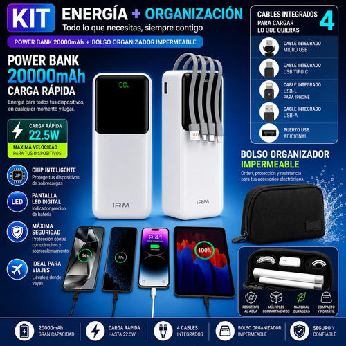 Kit Powerbank Rápido 20000mah Universal + Bolso Organizador