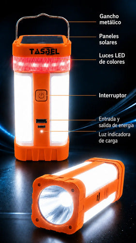 Lámpara Solar Led Camping Linterna Recargable Multifunción Naranja