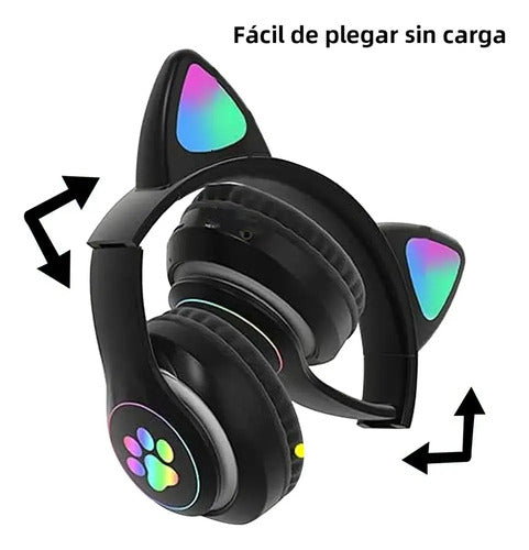Audífonos Inalámbricos Orejas Gato Con Micrófono Recargables Negro