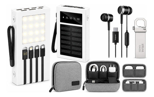 Kit Emergencia Powerbank Solar Audífonos Pendrive Y Bolso Blanco