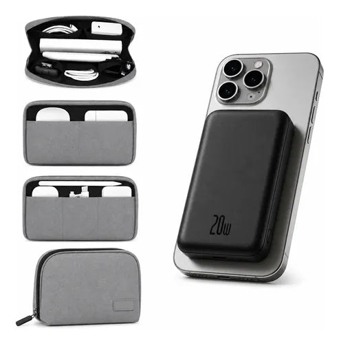 Kit Powerbank 5000mah Magnético Para iPhone Samsung + Bolso Negro/gris