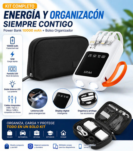 Powerbank 10000mah 2 Lamparas Led Cables Integrados + Bolso Blanco/negro