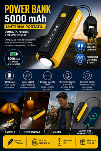 Batería Externa 5000mah R60 Con Linterna Portátil Y Cable