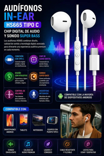 Audífonos In-ear Vidvie Hs665 Usb Tipo C Micrófono Super Bass Sonido Envolvente Blanco