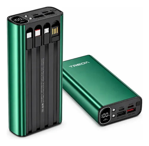 Powerbank 20000mah Carga Rápida Luz Led Cables Integrados Verde