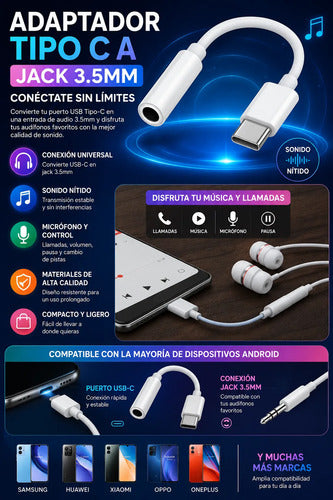 Adaptador De Audífonos Tipo C A Conector De Audio Jack 3.5mm Blanco