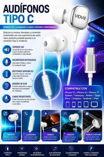 Audífonos In-ear Para Samsung Galaxy Con Conexión Tipo C Y Micrófono Blanco