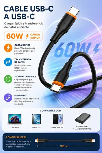 Cable Usb-c 1m 60w Carga Rápida Para Samsung Xiaomi Android