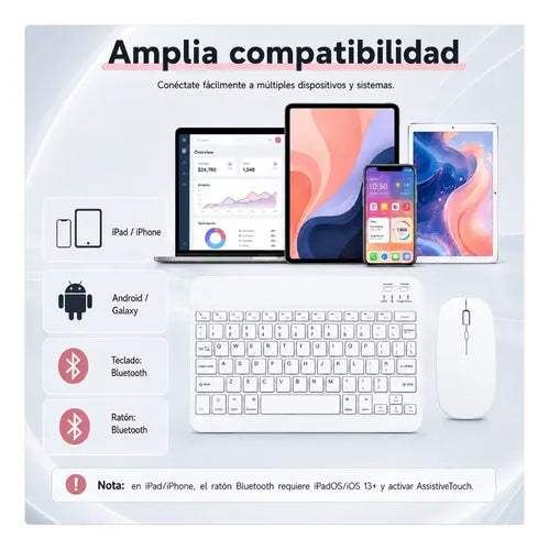 Kit Teclado Y Mouse Bluetooth Para Pc Tablet Y Celular Blanco