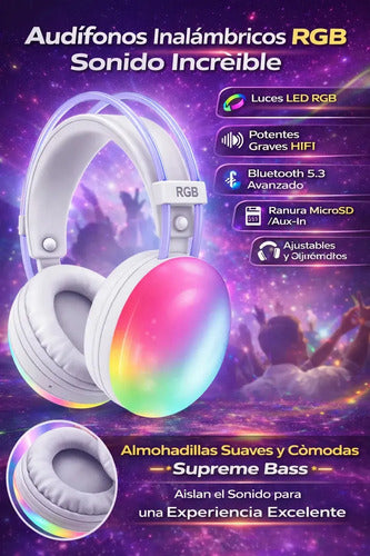 Audífonos Inalámbricos Diegmark P880 Over-ear Bluetooth Con Micrófono Rgb Y Luz Led Blanco