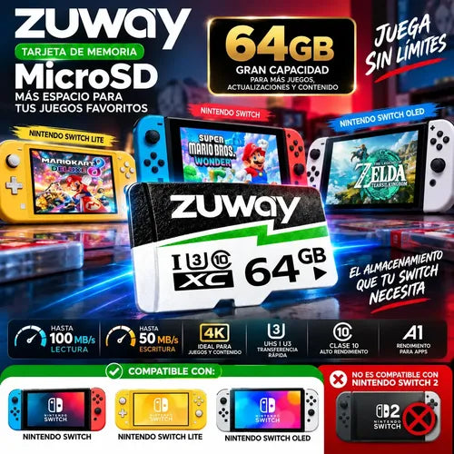 Tarjeta De Memoria Microsd Zuway 64gb Clase 10 U3 A1 Alta Velocidad 100mb/s Premium Compatible Con Nintendo Swicht 1, Video 8k, Celulares, Tablets, Cámaras De Seguridad Y Deportivas, Uso Profesional