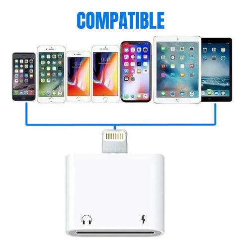 Adaptador Splitter Compatible Con iPhone Dual Carga Y Audio Blanco