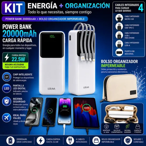 Kit Powerbank Rápido 20000mah Universal + Bolso Organizador