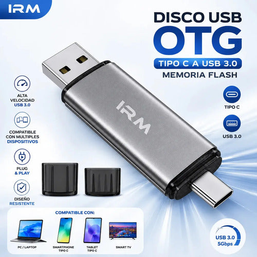 Pendrive Irm Otg Tipo C Y Usb 3.0 De 8 Gb Para Android Y Pc Gris Metálico