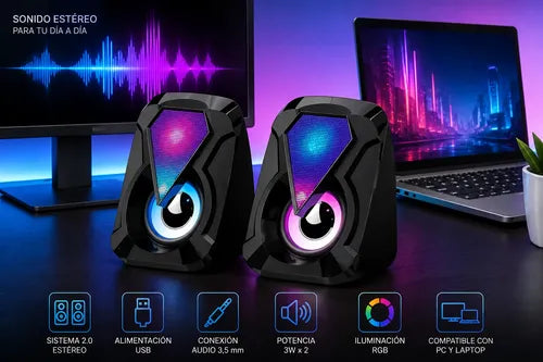 Parlantes Multimedia Para Pc Y Notebook Led Rgb Jack 3.5mm Negro