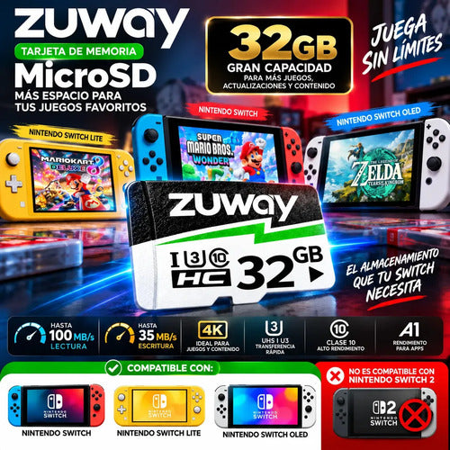 Tarjeta De Memoria Microsd Zuway 32gb Clase 10 U3 A1 Alta Velocidad 100mb/s Premium Compatible Con Nintendo Swicht 1, Video 8k, Celulares, Tablets, Cámaras De Seguridad Y Deportivas, Uso Profesional
