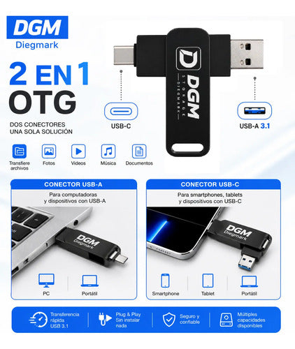 Pendrive Flash Drive Otg 64gb Usb Usb-c 3.1 Alta Velocidad Negro Otg Dual Usb-c Usb-a