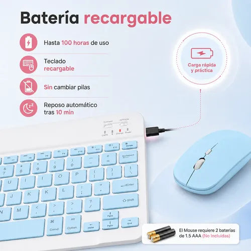 Kit Teclado Y Mouse Bluetooth Para Pc Tablet Y Celular Blanco/azul Azul/celeste