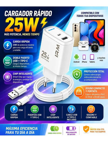 Cargador Rápido De Pared 25w Con Cable Tipo C Compatible Con Samsung Galaxy Y Android Blanco