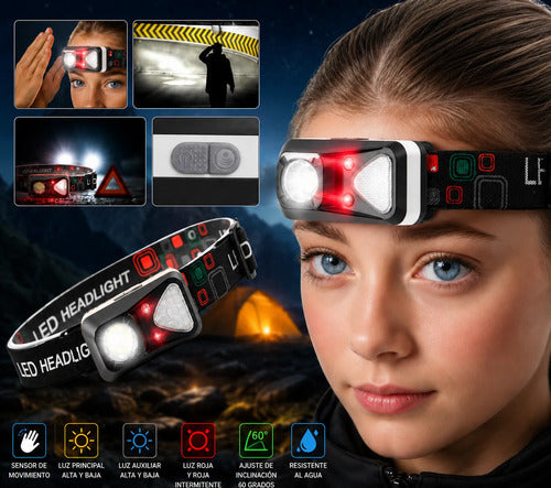 Linterna Frontal Led Recargable Luz Roja Y Sensor Movimiento