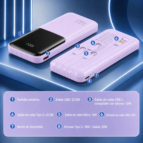 Power Bank Carga Rápida 10000mah 22.5w Pd 4 Cables Integrado Lila