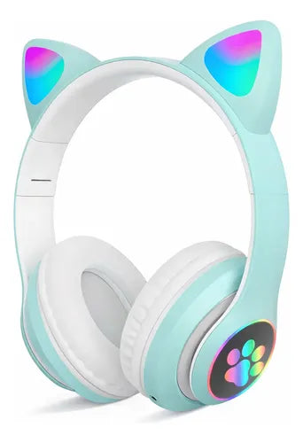 Audifonos Bluetooth Orejas De Gato Luz Led Rbg Recargables Verde Claro