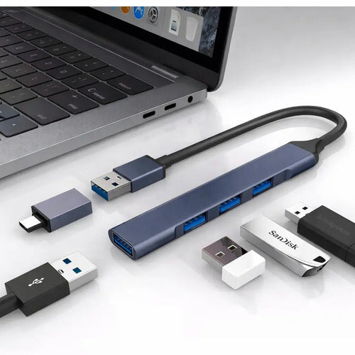 Hub Usb De 4 Puertos Con Adaptador Tipo C Para Macbook Y Laptop Gris Azulado Metalizado