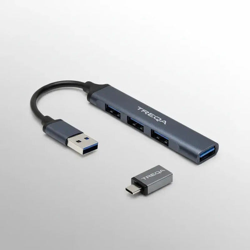 Hub Usb De 4 Puertos Con Adaptador Tipo C Para Macbook Y Laptop Gris Azulado Metalizado