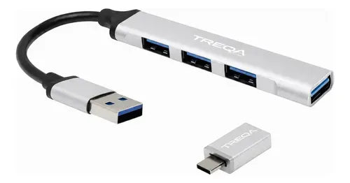 Hub Usb Treqa De 4 Puertos Con Adaptador Tipo C Para Pc Macbook Y Laptop Plateado