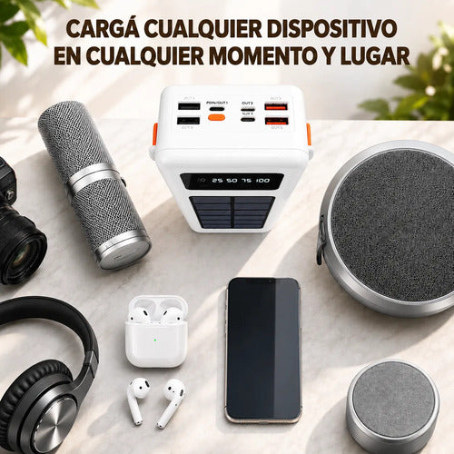 Power Bank Solar 40000mah Con Linterna Led Cables Integrados Blanco