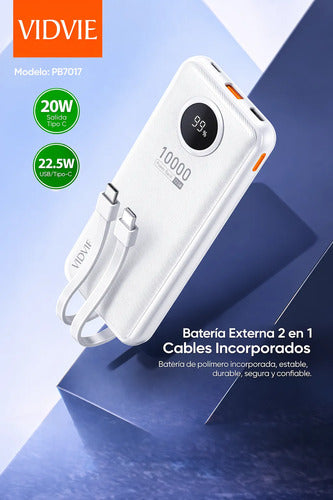Powerbank 10000mah 22.5w Con Cables Compatible Con iPhone Blanco