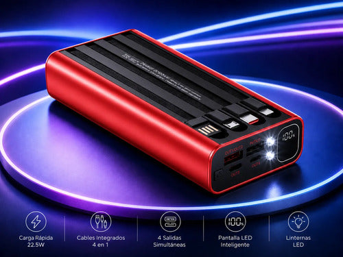 Powerbank 20000mah Carga Rápida Luz Led Cables Integrados