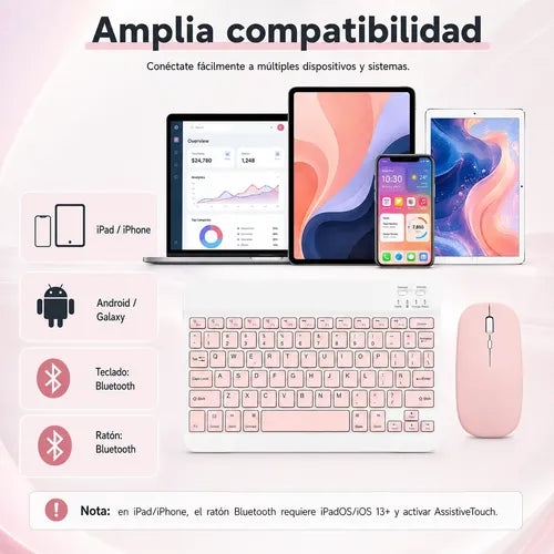 Kit Teclado Y Mouse Bluetooth Para Pc Tablet Y Celular Blanco/rosa Rosa Claro