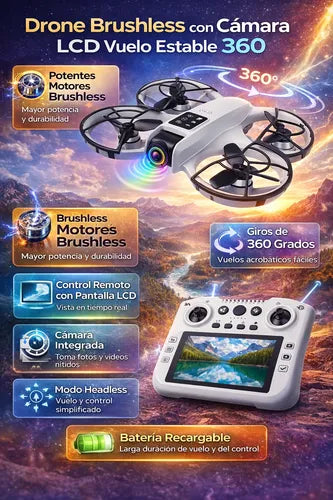 Drone Motores Brushless Con Cámara Lcd Vuelo Estable 360° Gris