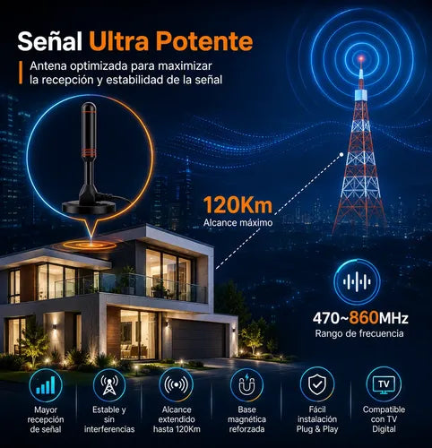 Antena Tv Digital Uhf 3.5 Dbi Base Magnética 3 Mts Int / Ext Negro