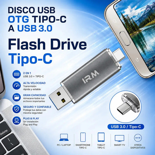 Pendrive Irm Otg De 64gb Con Usb 3.0 Y Tipo C Metálico Gris
