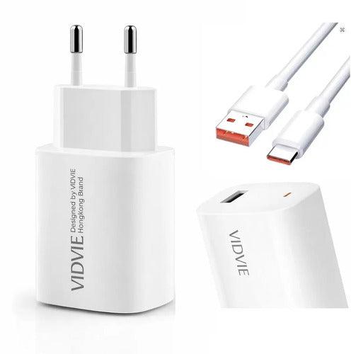 Cargador Rápido De Pared Vidvie 18w Usb-a A Usb-c Con Cable, Para Samsung, Xiaomi Y Huawei Blanco