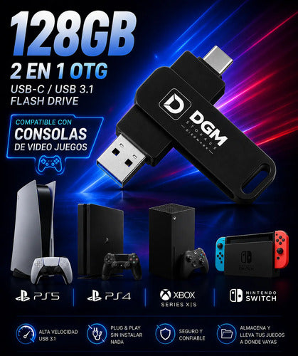 Pendrive Flash Drive Otg 128gb Usb Usb-c 3.1 Alta Velocidad Negro Otg Dual Usb-c Usb-a