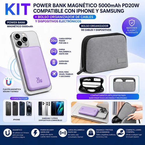 Kit Powerbank Magnético Para iPhone Samsung 5000mah + Bolso