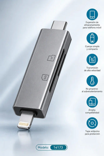 Lector Micro Sd Tf Usb C Usb L Compatible Con iPhone Android Gris